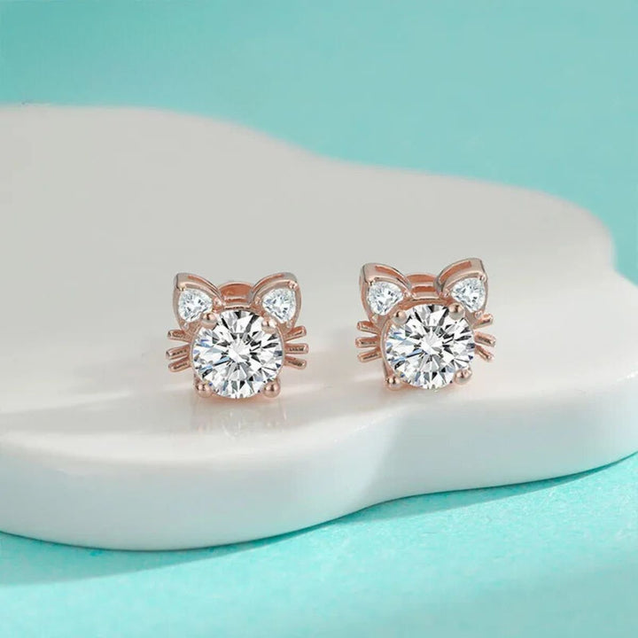 Boucles d'oreilles en moissanite et en or rose avec chat en argent 925
