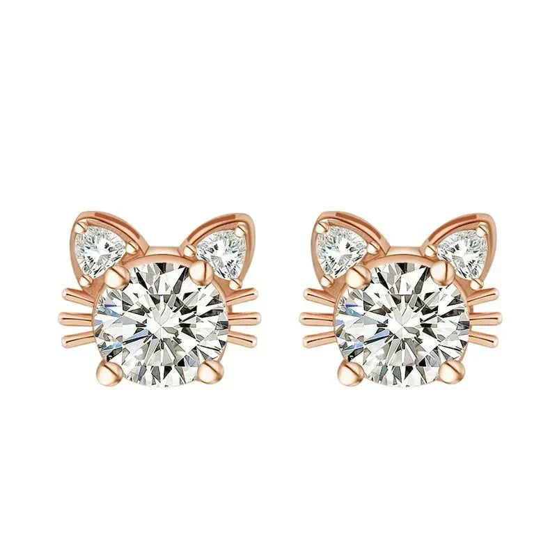 Boucles d'oreilles en moissanite et en or rose avec chat en argent 925