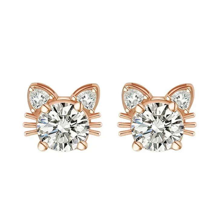 Boucles d'oreilles en moissanite et en or rose avec chat en argent 925