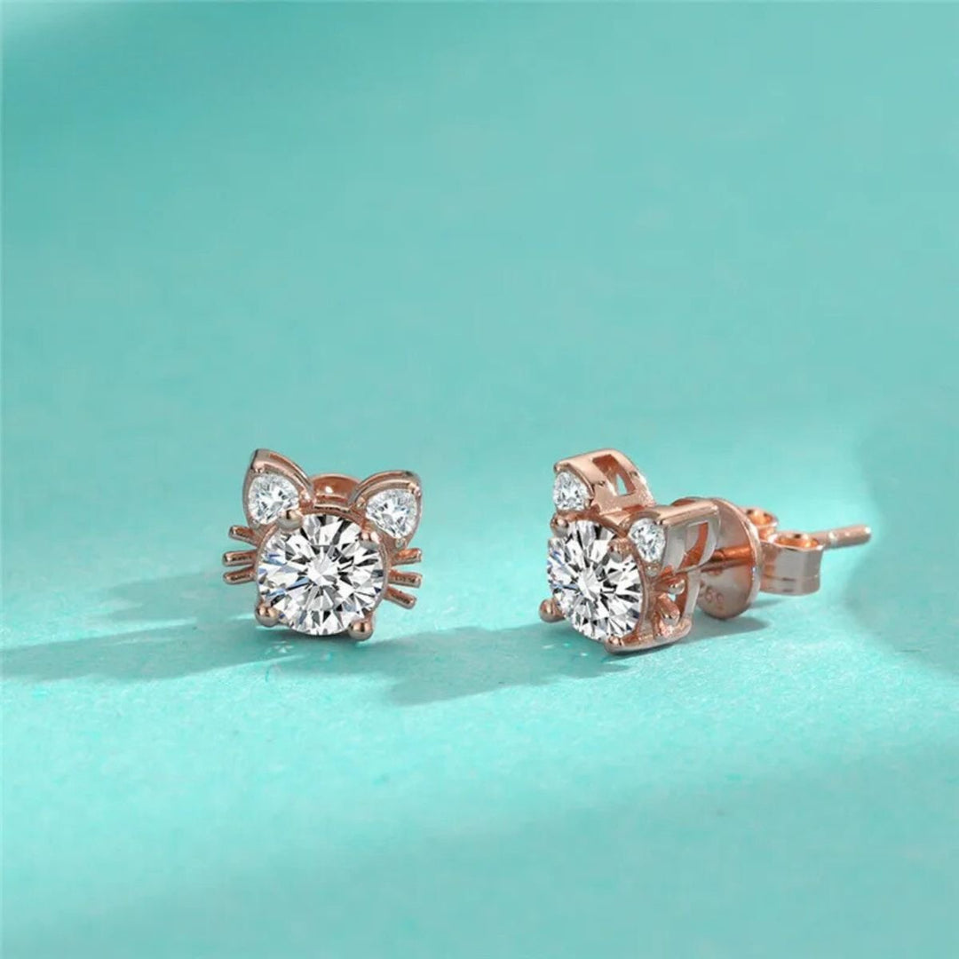 Boucles d'oreilles en moissanite et en or rose avec chat en argent 925