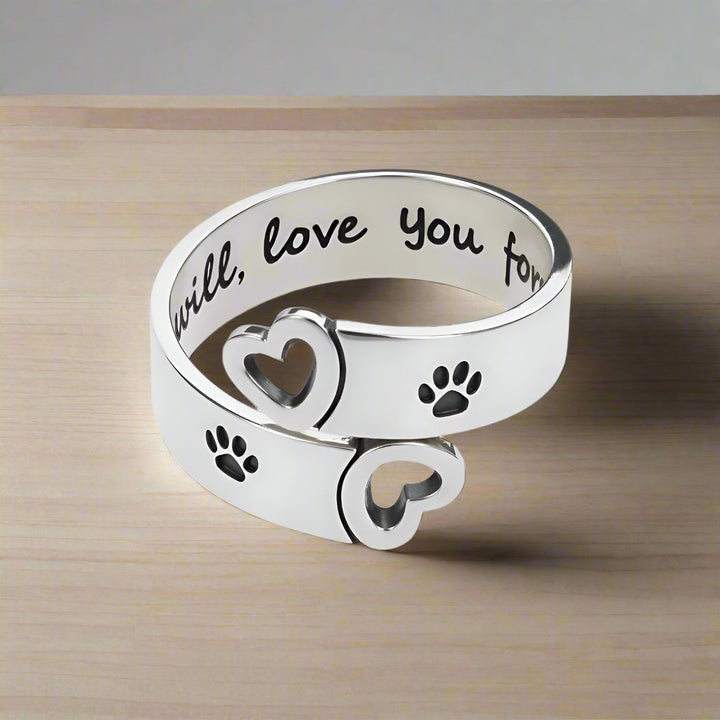 Bague ajustable avec motif de patte et cœur – Acier inoxydable