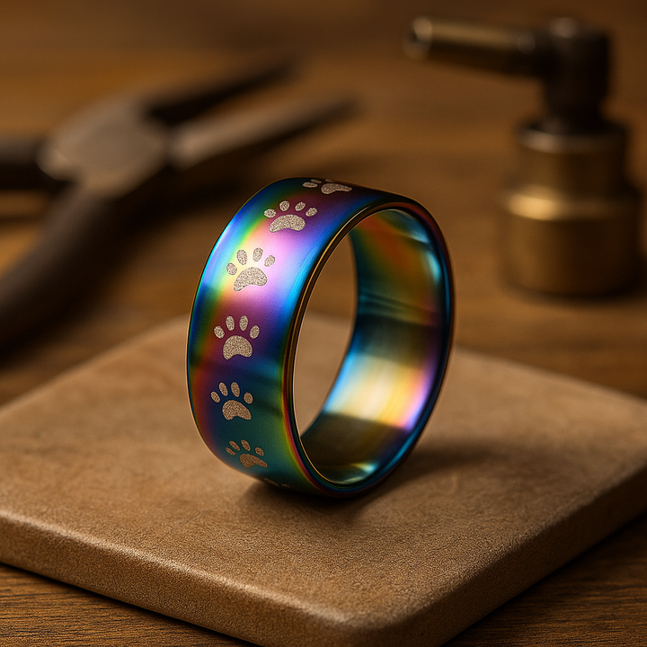 Bague en acier inoxydable avec empreinte de patte et effet arc-en-ciel, fabriquée à la main