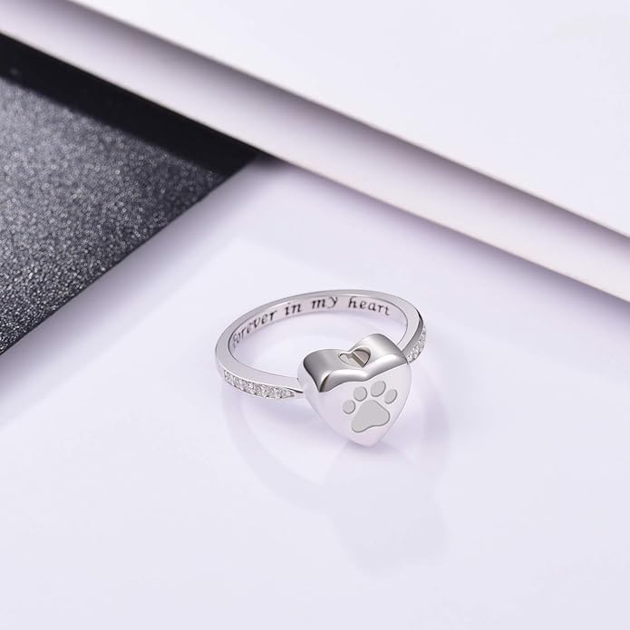 Bague avec urne en forme de cœur et empreinte de patte – Bijoux commémoratifs pour animaux après crémation