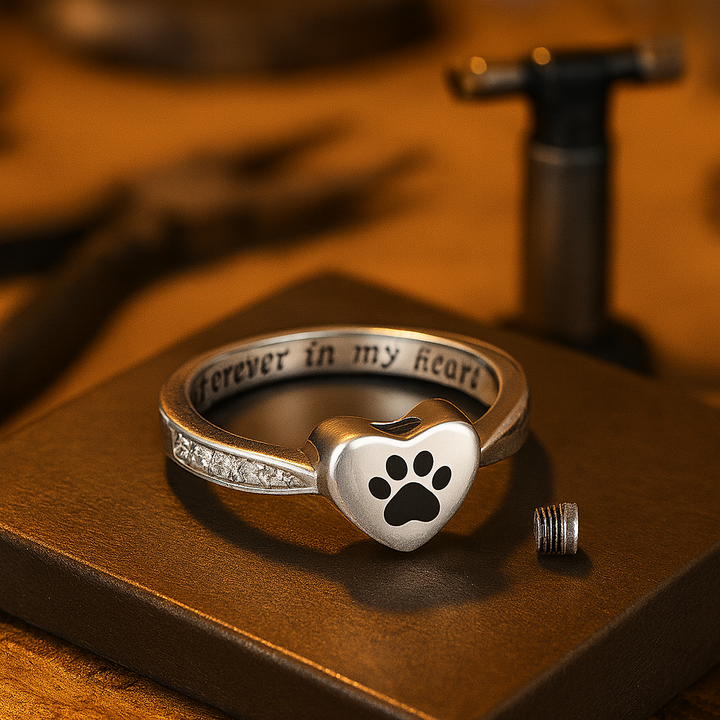 Bague avec urne en forme de cœur et empreinte de patte – Bijoux commémoratifs pour animaux après crémation