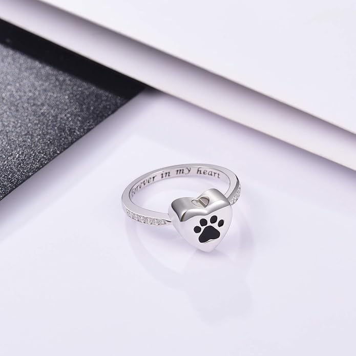 Bague avec urne en forme de cœur et empreinte de patte – Bijoux commémoratifs pour animaux après crémation